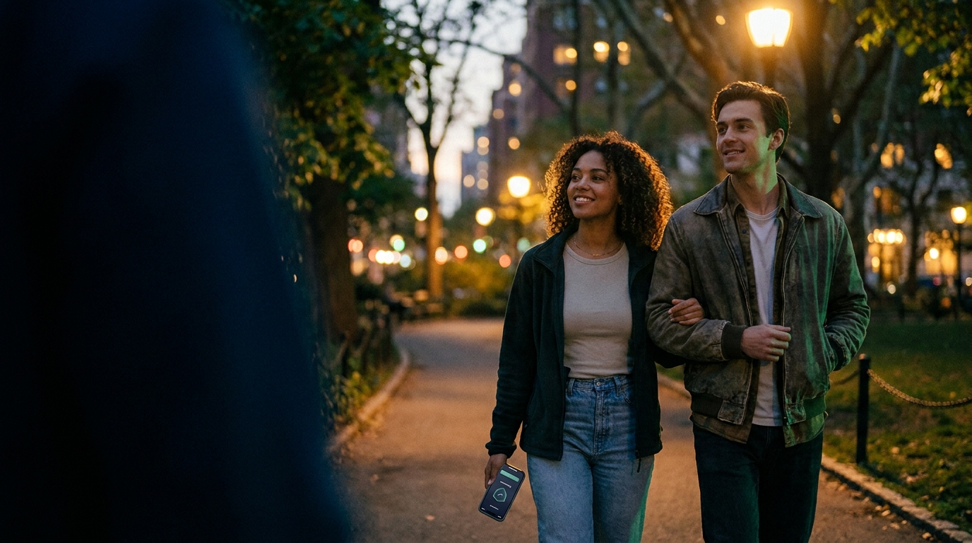 Two friends walking together at dusk in a city park, one holding a phone