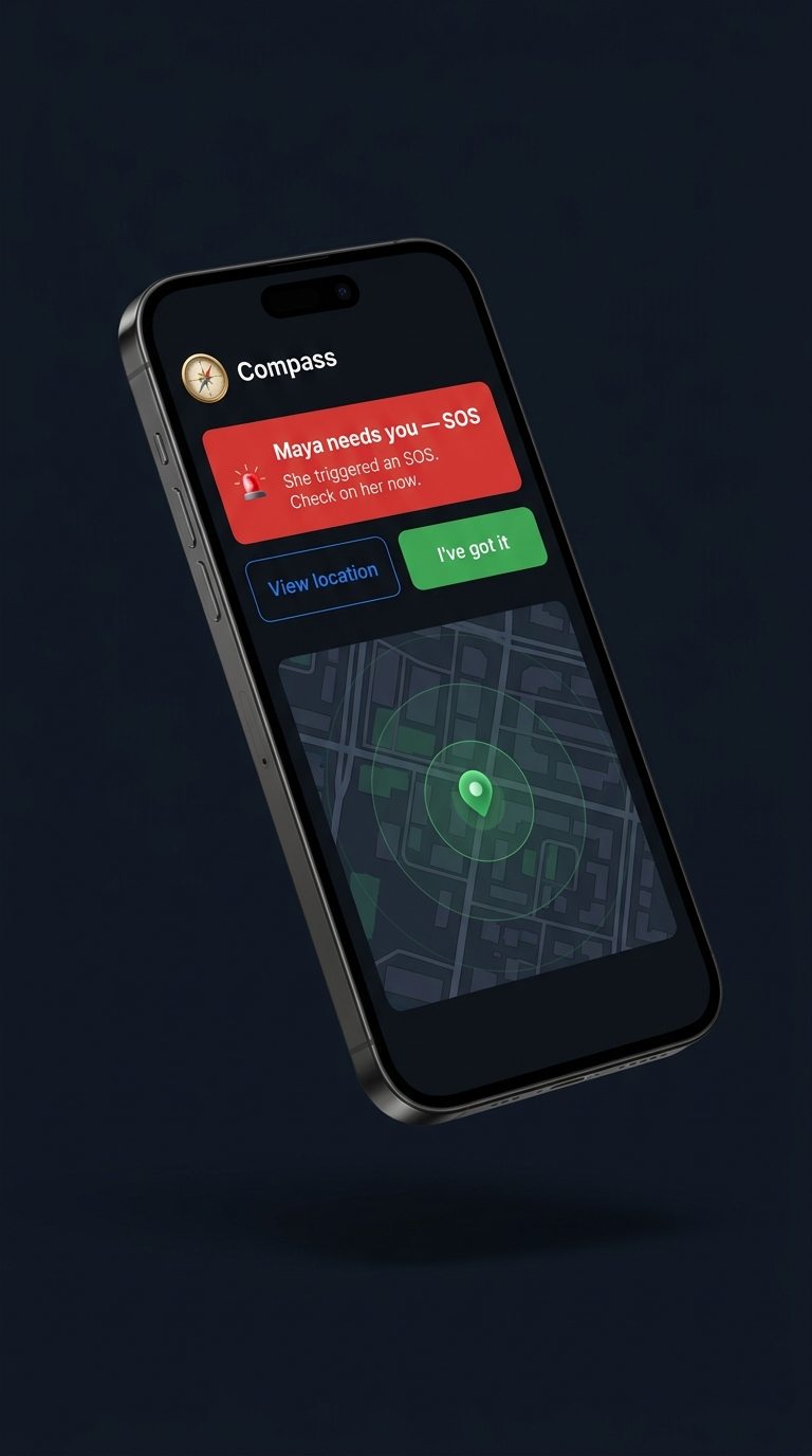 Compass app showing an incoming SOS alert from a friend, with View location and I've got it buttons over a map
