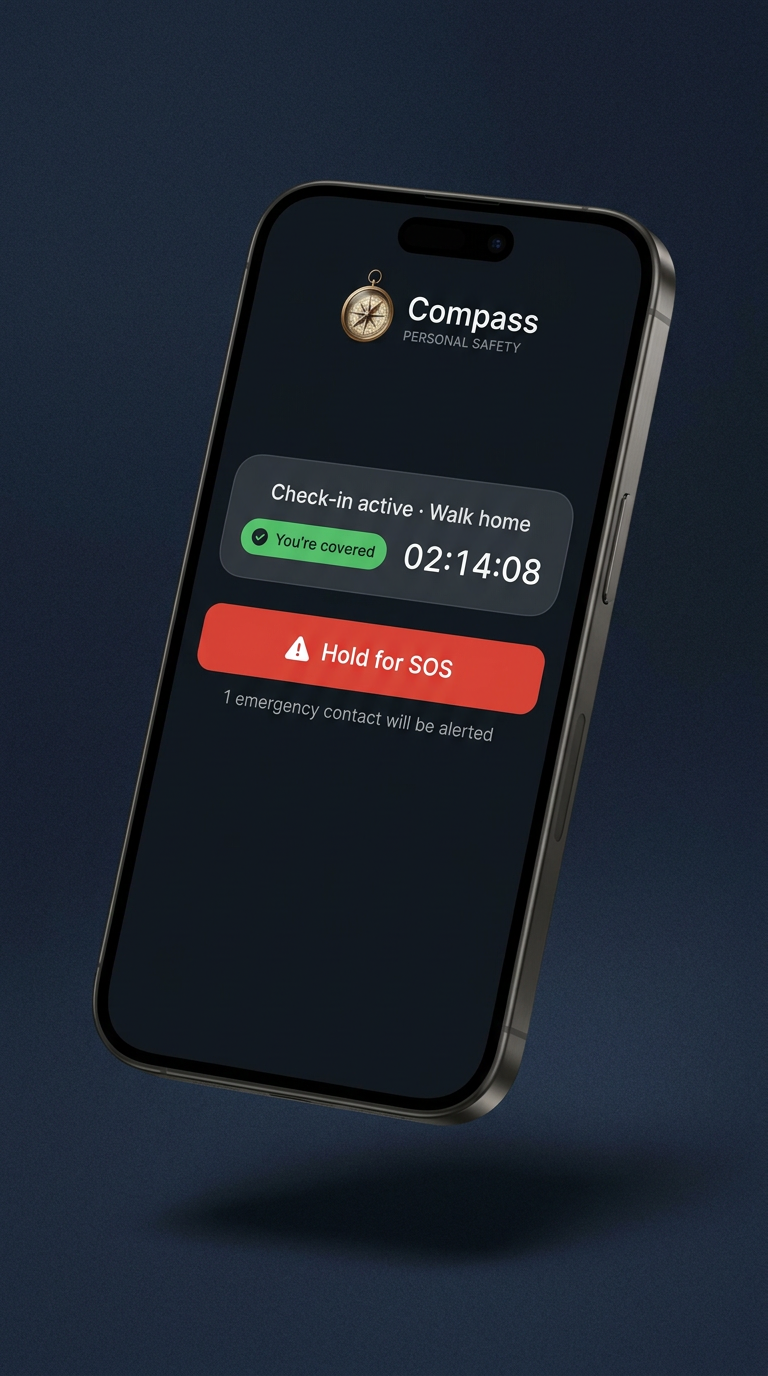 Compass app showing an active check-in with a countdown and a Hold for SOS button